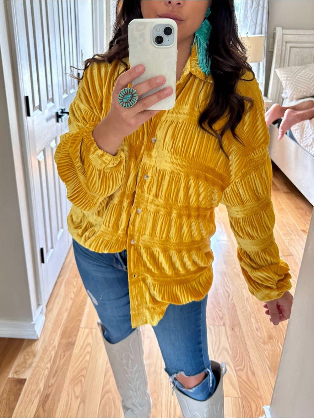 BiBi mustard velvet button down